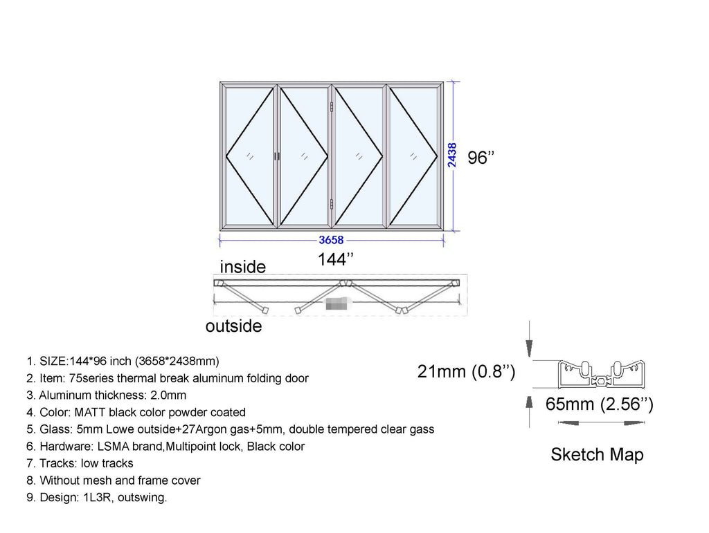 Aluminum Bifold Door 144"Wx96"H - OUT SWING FROM EXTERIOR VIEW image