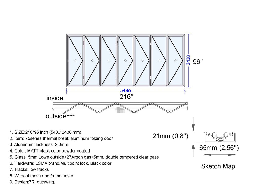 Aluminum Bifold Door 216"Wx96"H - OUT SWING FROM EXTERIOR VIEW image