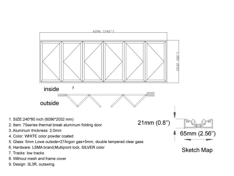 aluminum bifold patio doors, 240 by 80 inches, 6 panels with center opening