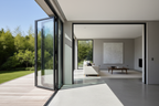 Realistic photo of a 60x96 inch black aluminum bifold door, outswing opening, installed in a modern home with no interior frame. Large glass panels, slim black profiles, bright natural light, wide‑angle view, clean architectural style.