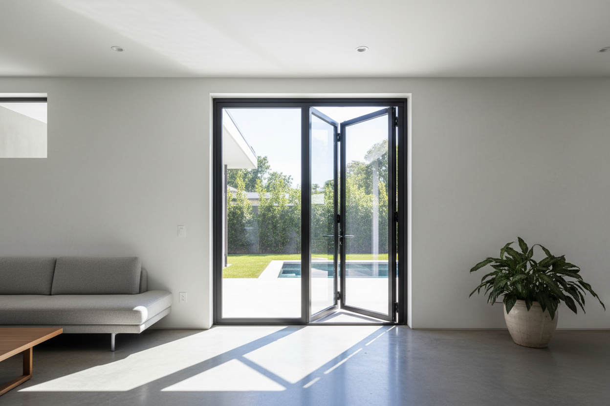 Realistic photo of a 60x96 inch black aluminum bifold door with two panels, outswing, opening from the right, installed in a modern home with no interior frame. Slim black profiles, large glass panes, bright natural light, wide‑angle architectural view.